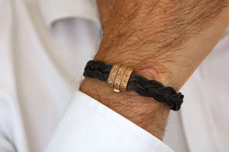 Bracelet homme - acier noir - or rose 18K & diamants champagne